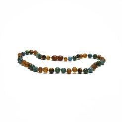 Necklace with round polished Amber, Tiger's eye, Jade and Apatite on white background.