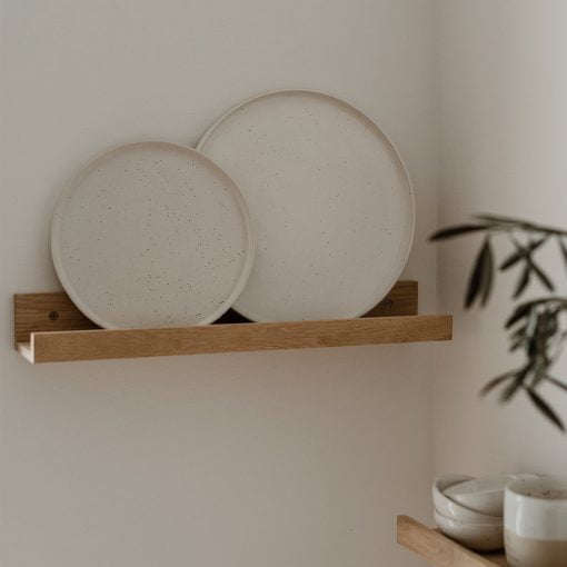 oak shelf with plates